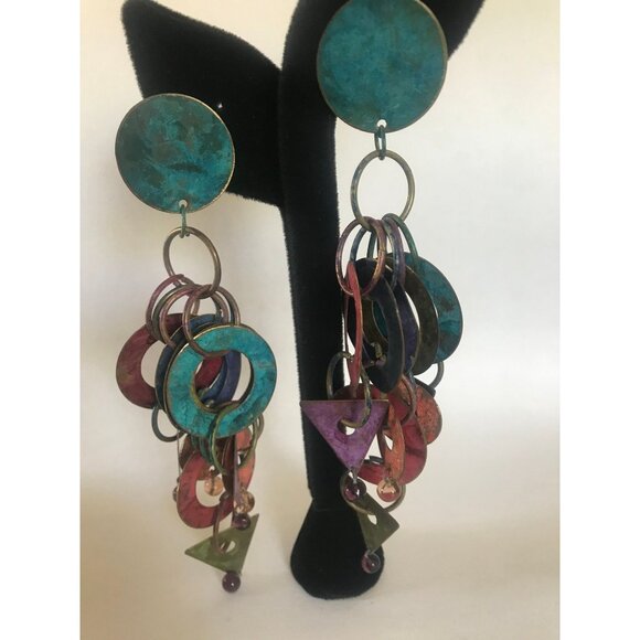 Vtg 1960's Handmade Mod Dangle 5 Drop Circles Clip On Earrings Deep Blue - Picture 3 of 8